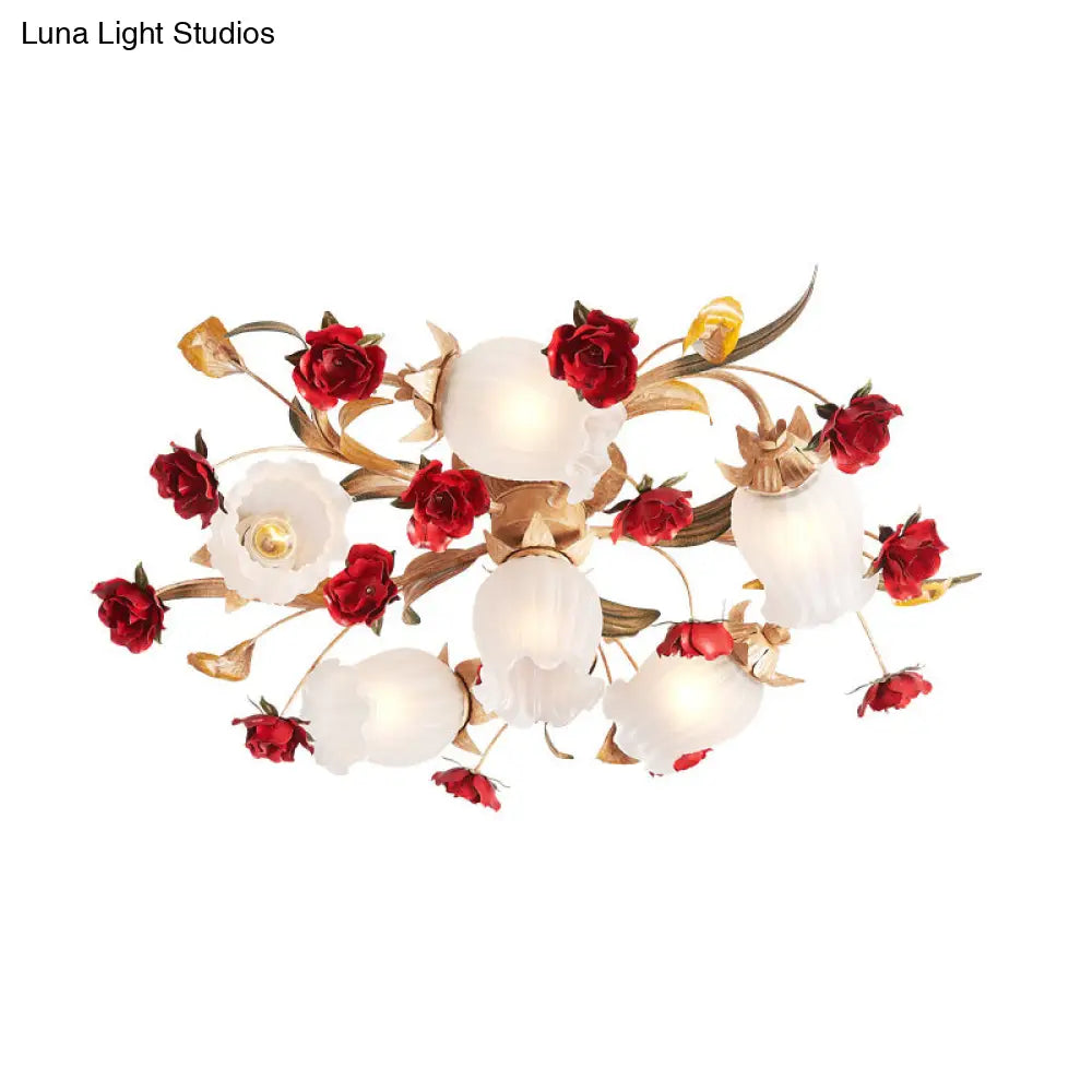 Romantic Pastoral Blossom Bedroom Semi Flush Mount Ceiling Lamp - 3/6 Lights Coffee Metal Design