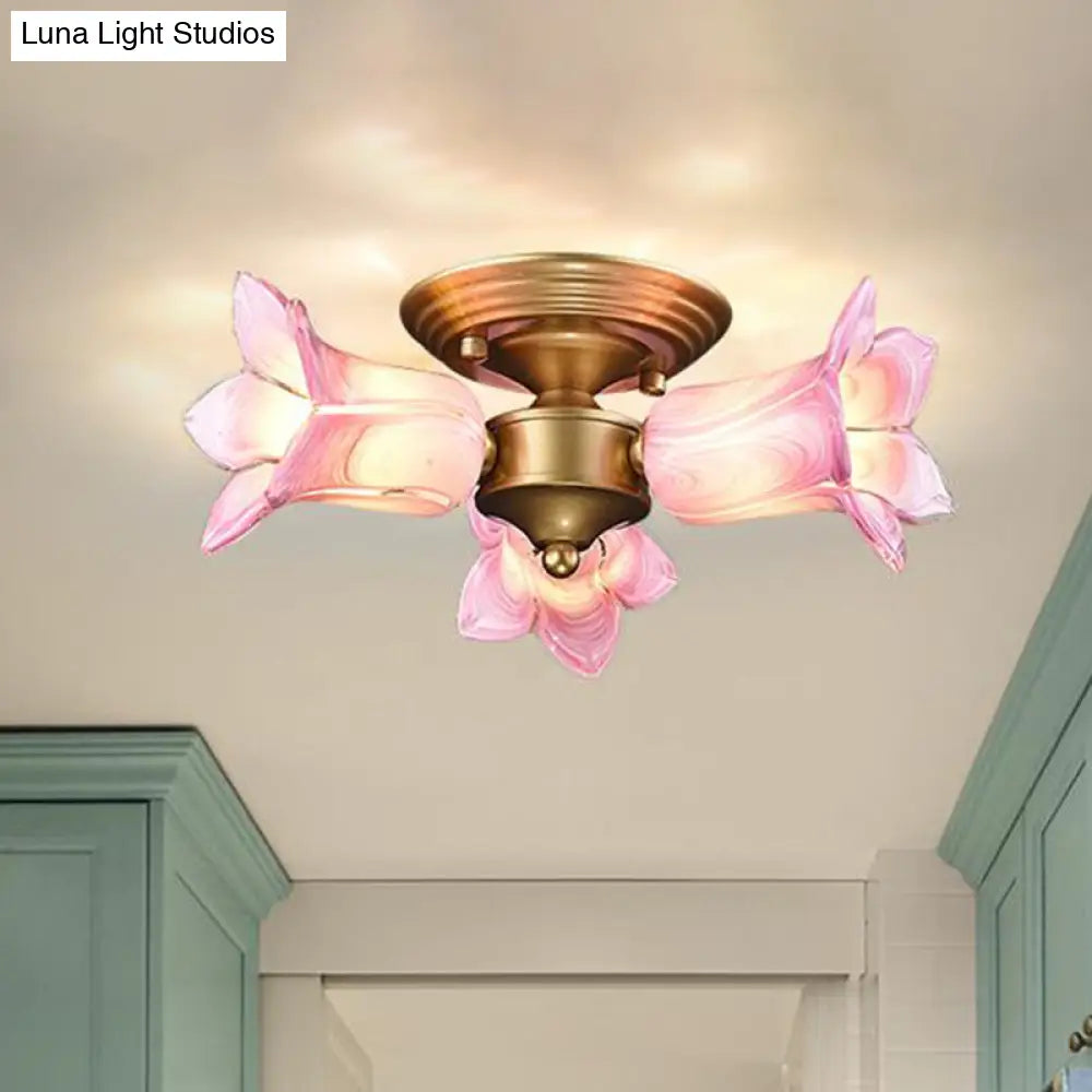 Romantic Pastoral Brass Ceiling Light Fixture With 3 Lily/Tulip Heads And Led Semi Mount For Living
