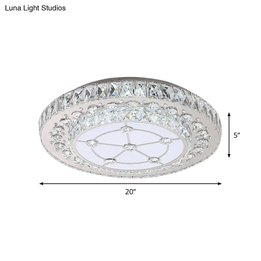 Round Crystal Block Led Flush Mount Ceiling Light In Nickel Finish For Simple Bedroom Style