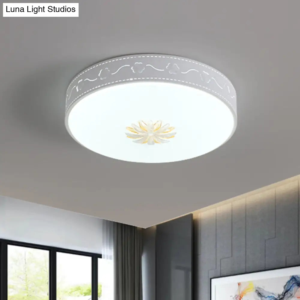 Round Led White Acrylic Flush Mount Nordic Style Fixture With Crystal Flower Deco - Modern Lighting