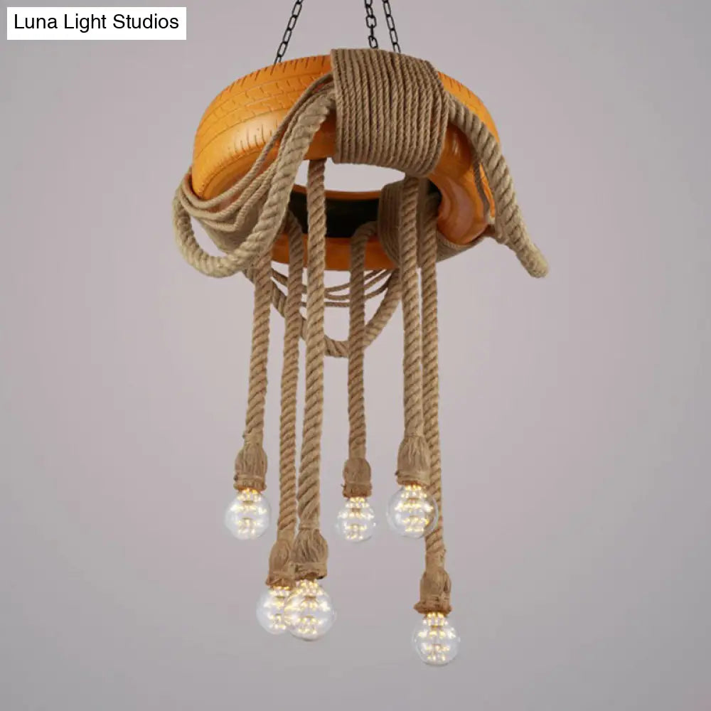 Rubber Warehouse 6-Head Tire Lamp With Hemp Rope - Red/Blue/Yellow Chandelier Pendant For Dining
