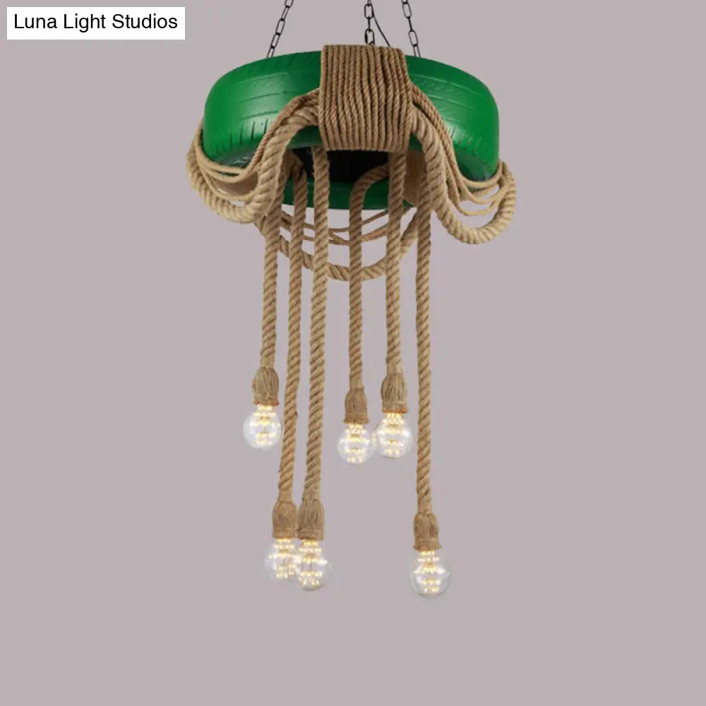 Rubber Warehouse 6-Head Tire Lamp With Hemp Rope - Red/Blue/Yellow Chandelier Pendant For Dining