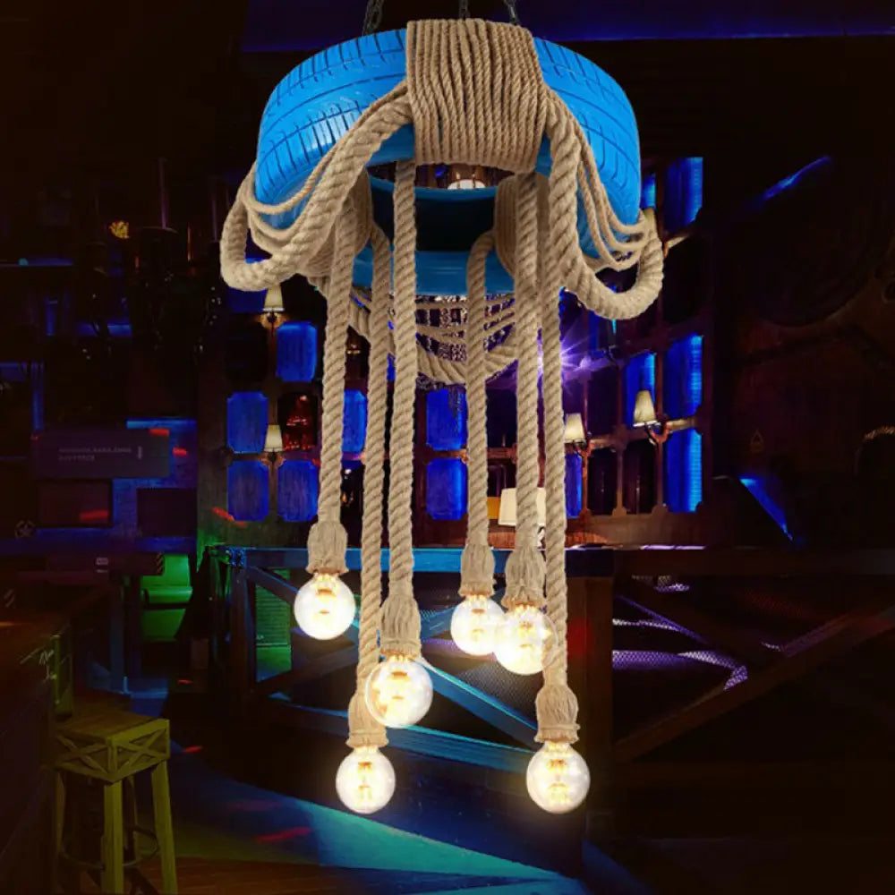 Rubber Warehouse 6-Head Tire Lamp With Hemp Rope - Red/Blue/Yellow Chandelier Pendant For Dining