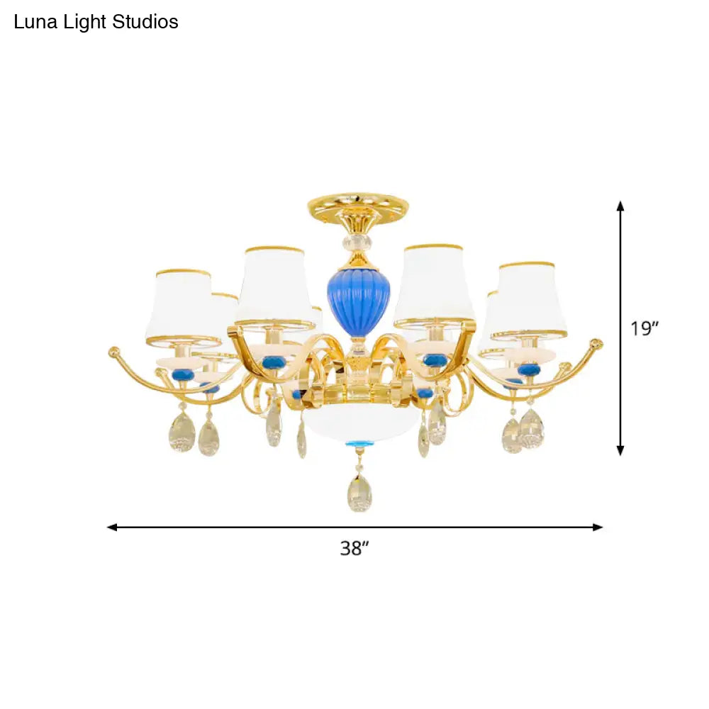 Rural Bell Semi Flush Mount Chandelier - Opal Glass 3/6/8 Head Ceiling Lamp With Crystal Drops