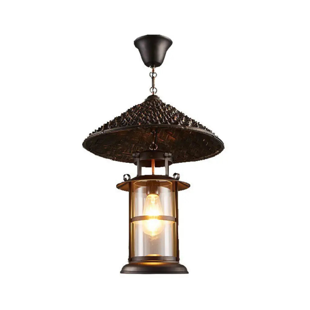 Rustic Black Hanging Pendant Light With Transparent Glass Cylinder And Pointy Hat Decoration Single