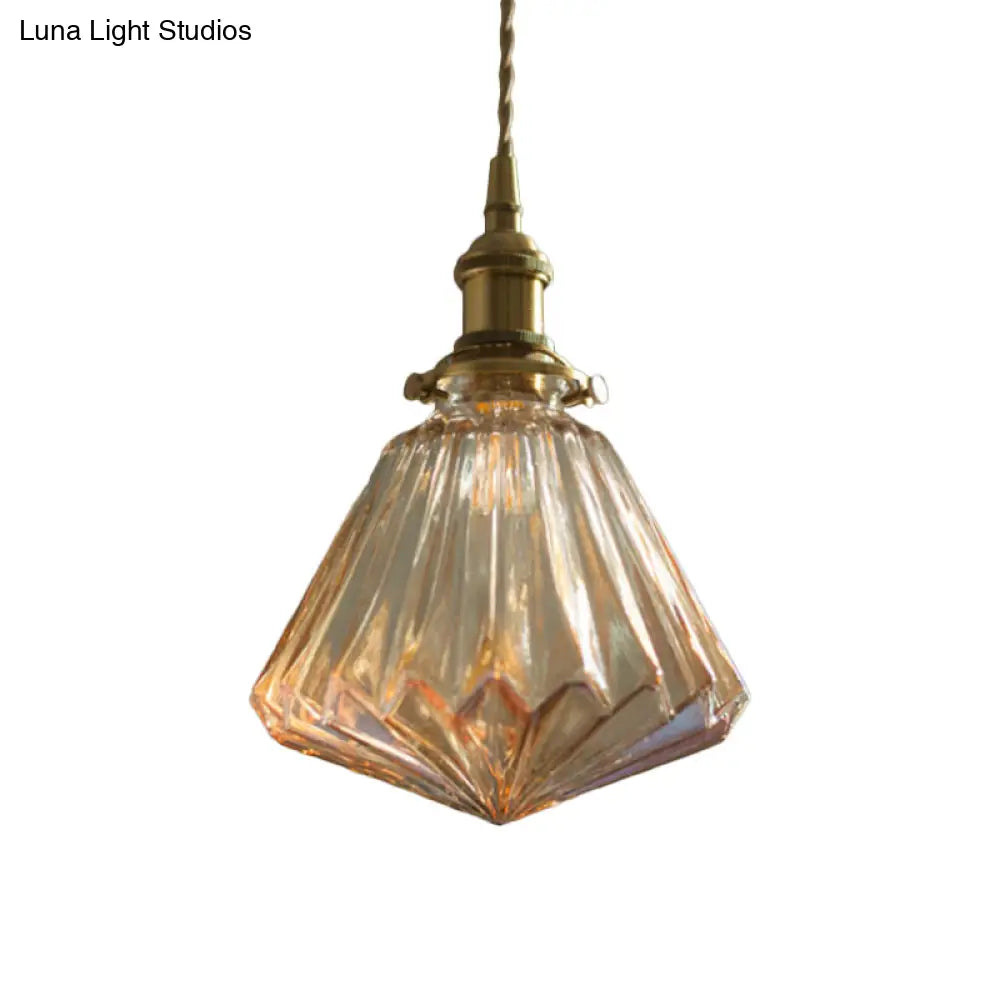 Rustic Brass 1-Light Pendant With Clear Glass Shade - Hanging Cone Drop Lamp