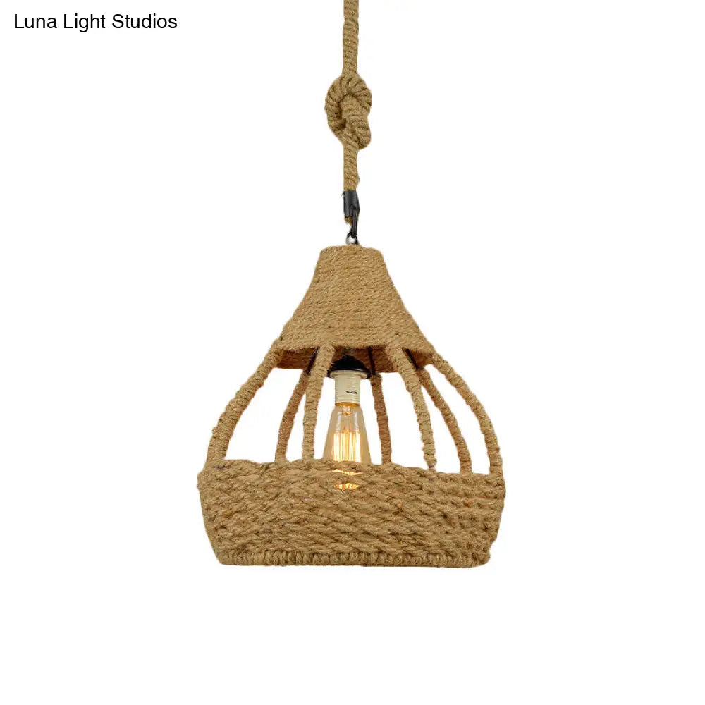 Rustic Brown Balcony Pendant Light Fixture With Rope Dome Shade - Country Style Suspension