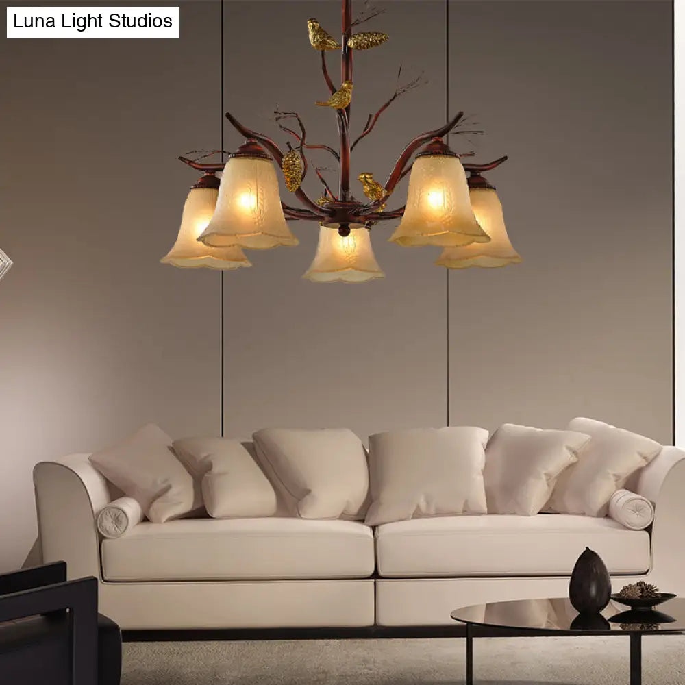 Rustic Frosted Glass Ceiling Chandelier With Bird Flower Shape 3/6/8 Lights - Brown Hanging Fixture