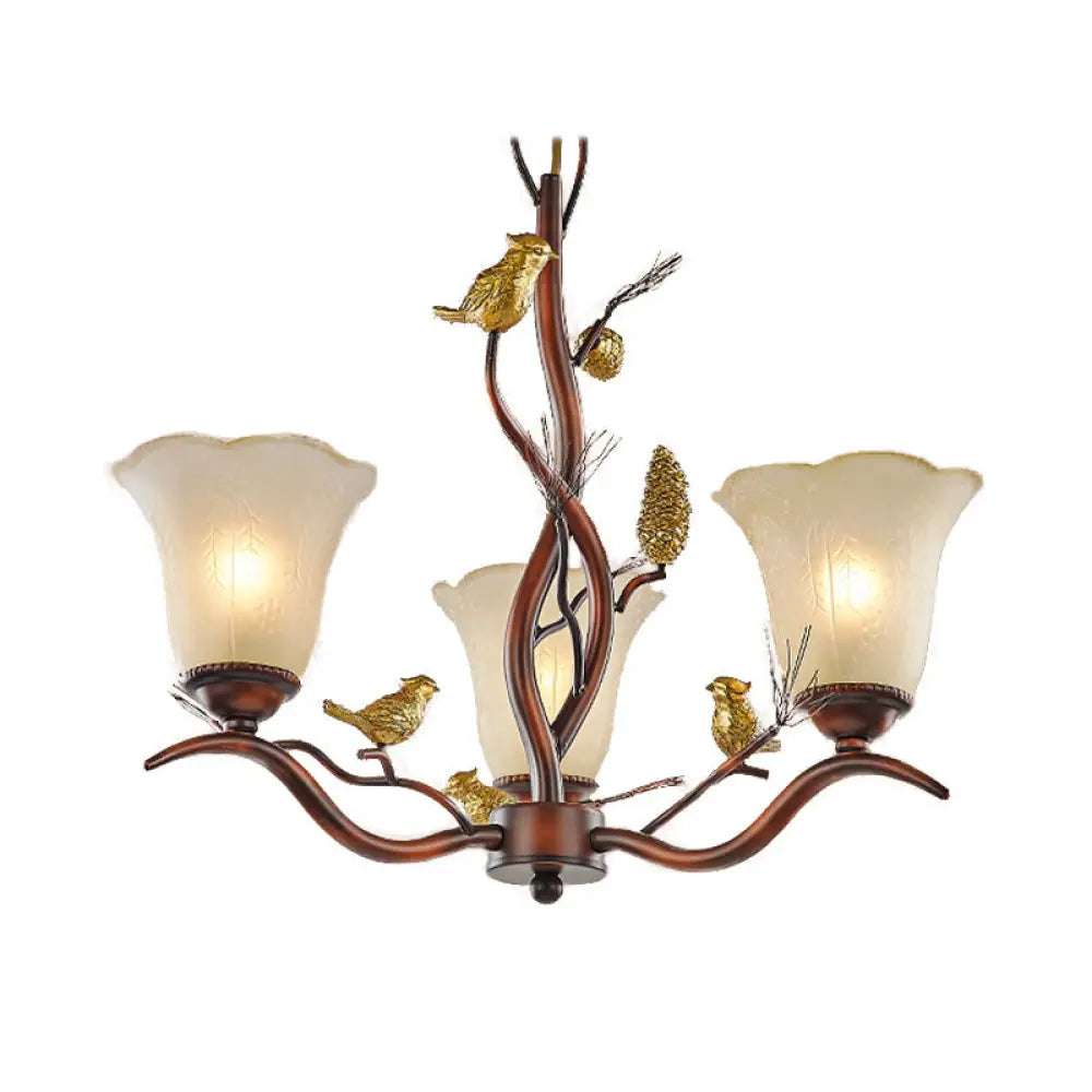 Rustic Frosted Glass Ceiling Chandelier With Bird Flower Shape 3/6/8 Lights - Brown Hanging Fixture