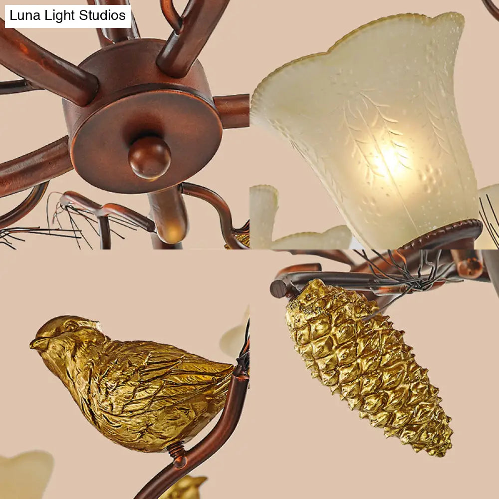 Rustic Frosted Glass Ceiling Chandelier With Bird Flower Shape 3/6/8 Lights - Brown Hanging Fixture