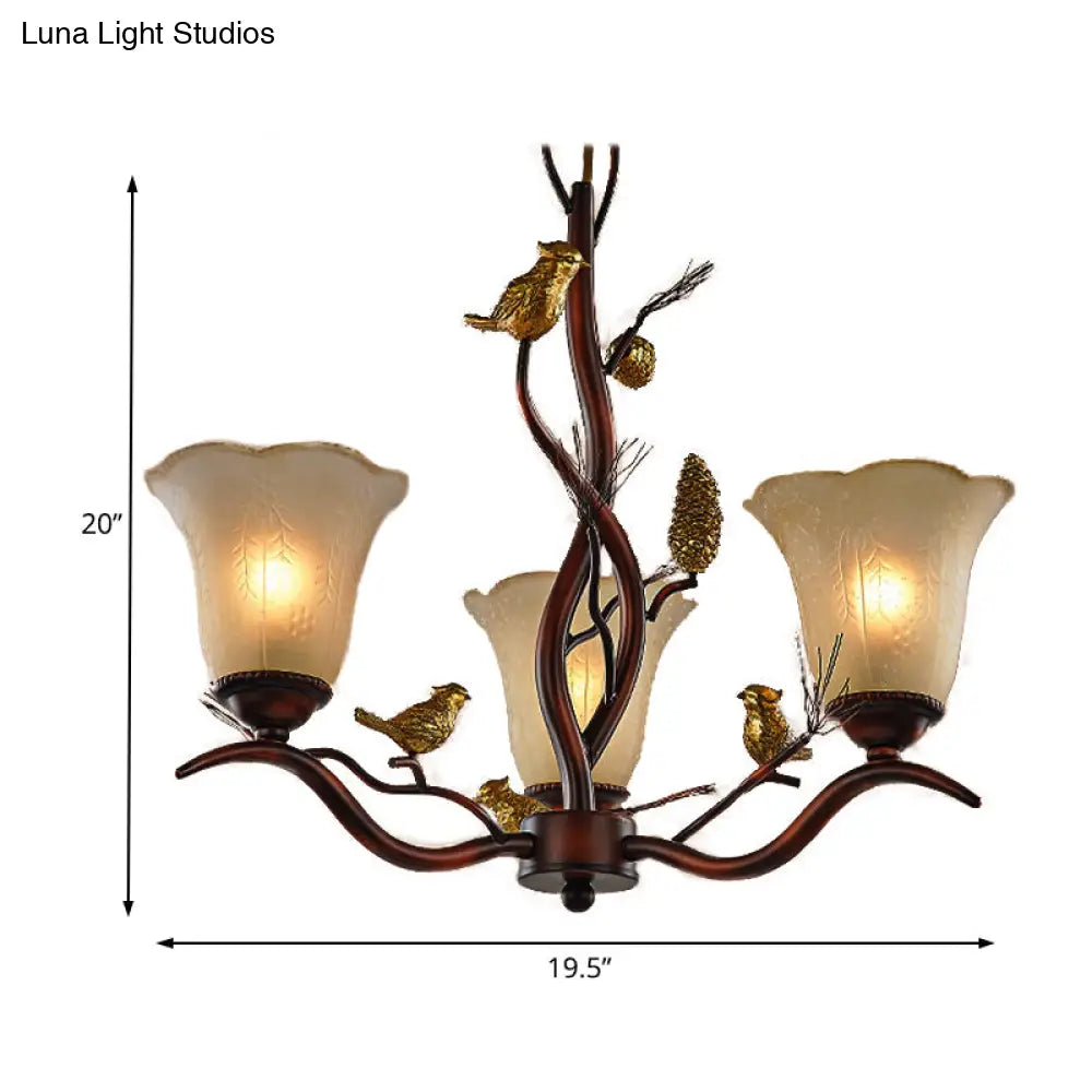 Rustic Frosted Glass Ceiling Chandelier With Bird Flower Shape 3/6/8 Lights - Brown Hanging Fixture