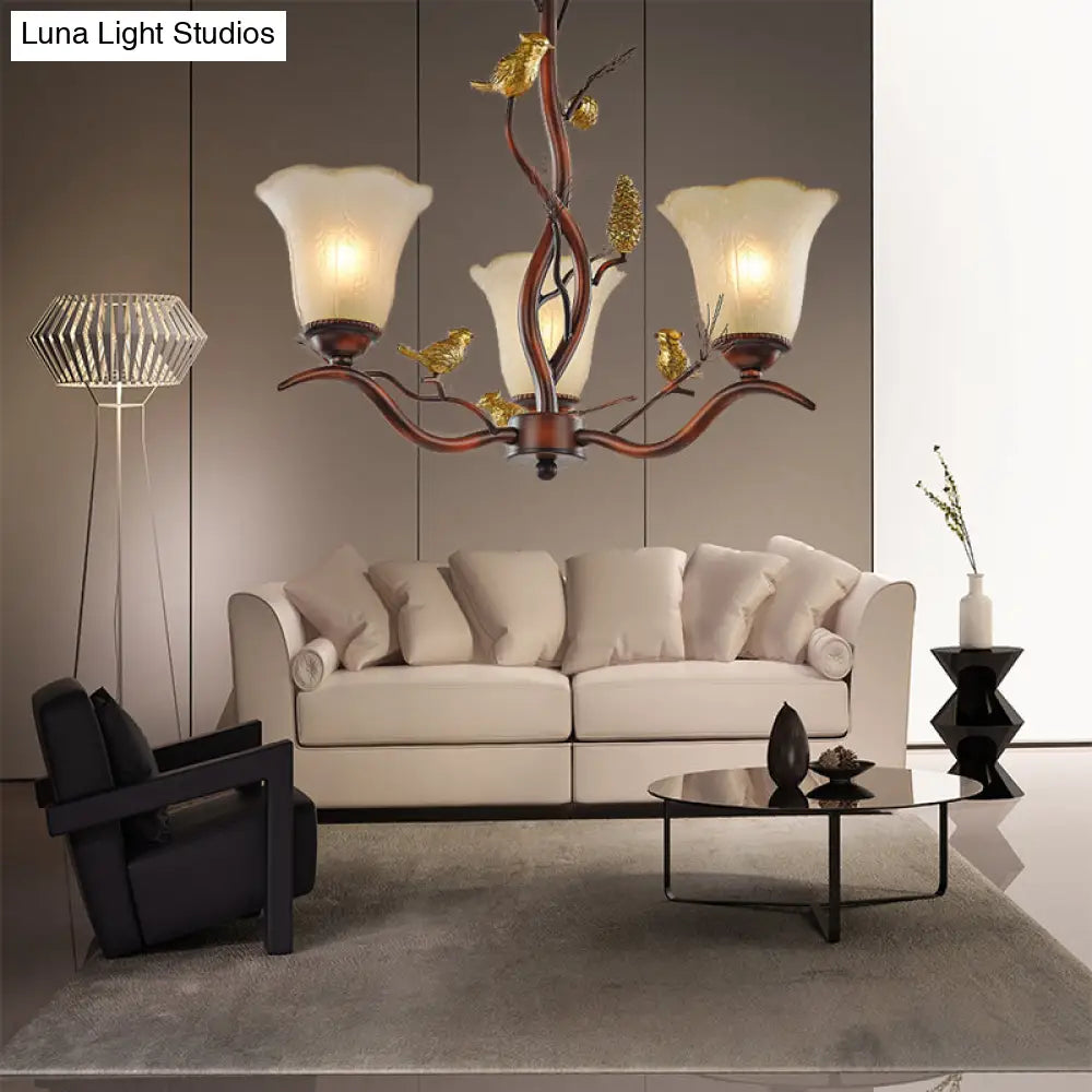 Rustic Frosted Glass Ceiling Chandelier With Bird Flower Shape 3/6/8 Lights - Brown Hanging Fixture
