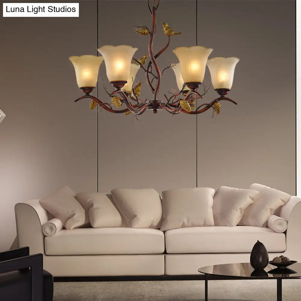 Rustic Frosted Glass Ceiling Chandelier With Bird Flower Shape 3/6/8 Lights - Brown Hanging Fixture