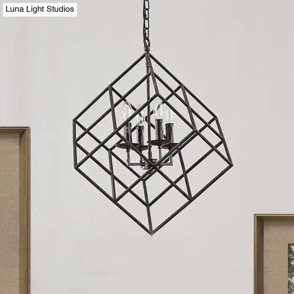 Rustic Iron Chandelier Pendant With 4 Lights - Vintage Loft Hanging Lamp For Restaurants Cubic Cage