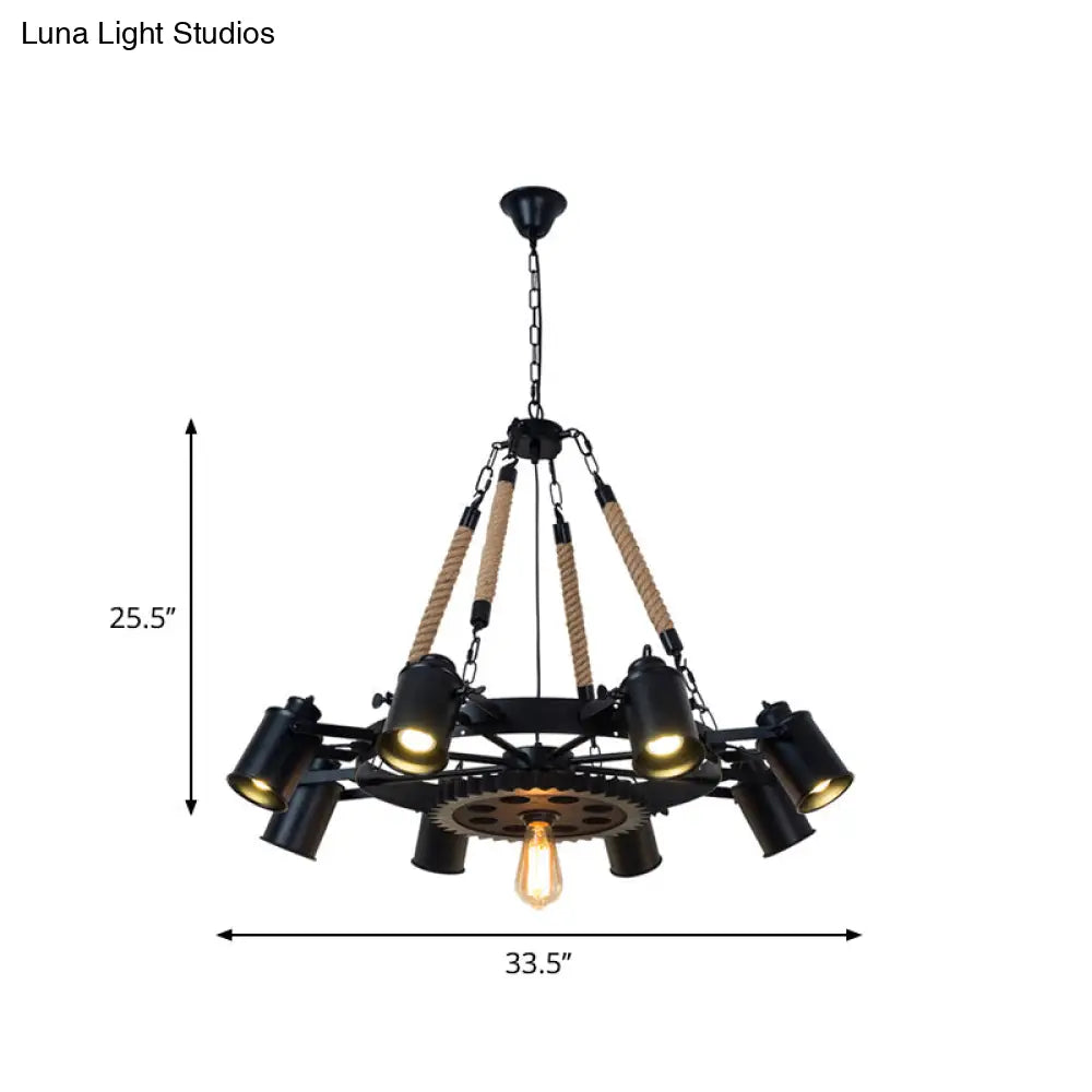 Rustic Iron Cylinder Chandelier With 9 Black Rope Heads And Gear Deco For Living Room Ceiling
