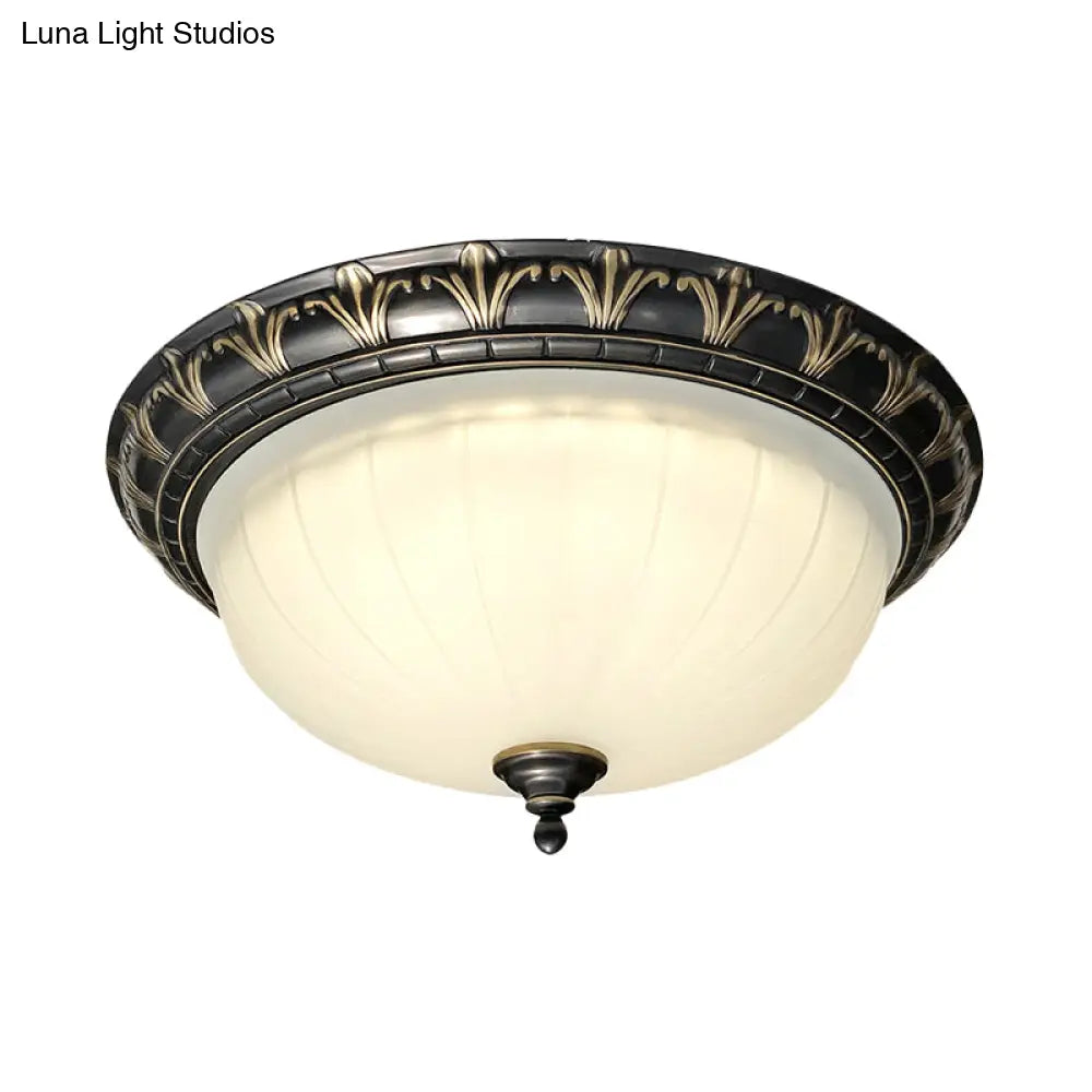 Rustic Led Dome Ceiling Light With White Glass - Black Flush Mount Fixture For Living Room