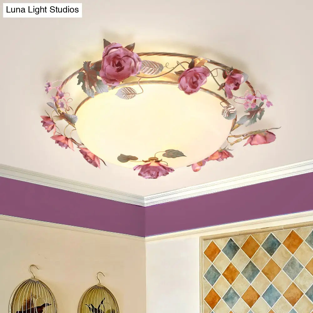 Rustic Metal Bowl Ceiling Lamp With Flower Decor - Flush Mount Light Fixture For Dining Room White