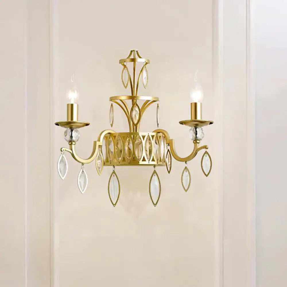 Rustic Metal Wall Sconce With Teardrop Crystal - 2 Lights Brass