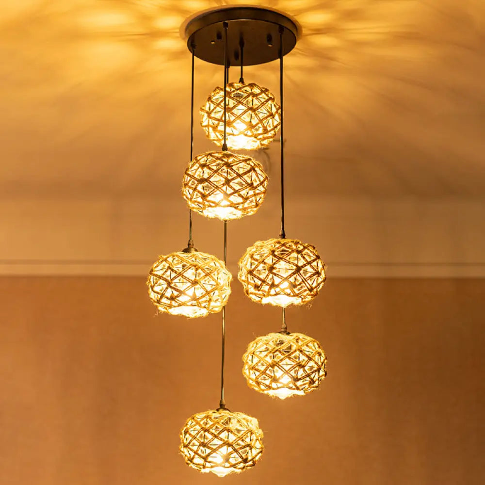 Rustic Oval Pendant Light With Cross-Woven Rope And Multiple Bulbs For Kitchen Or Bar Area Brown /