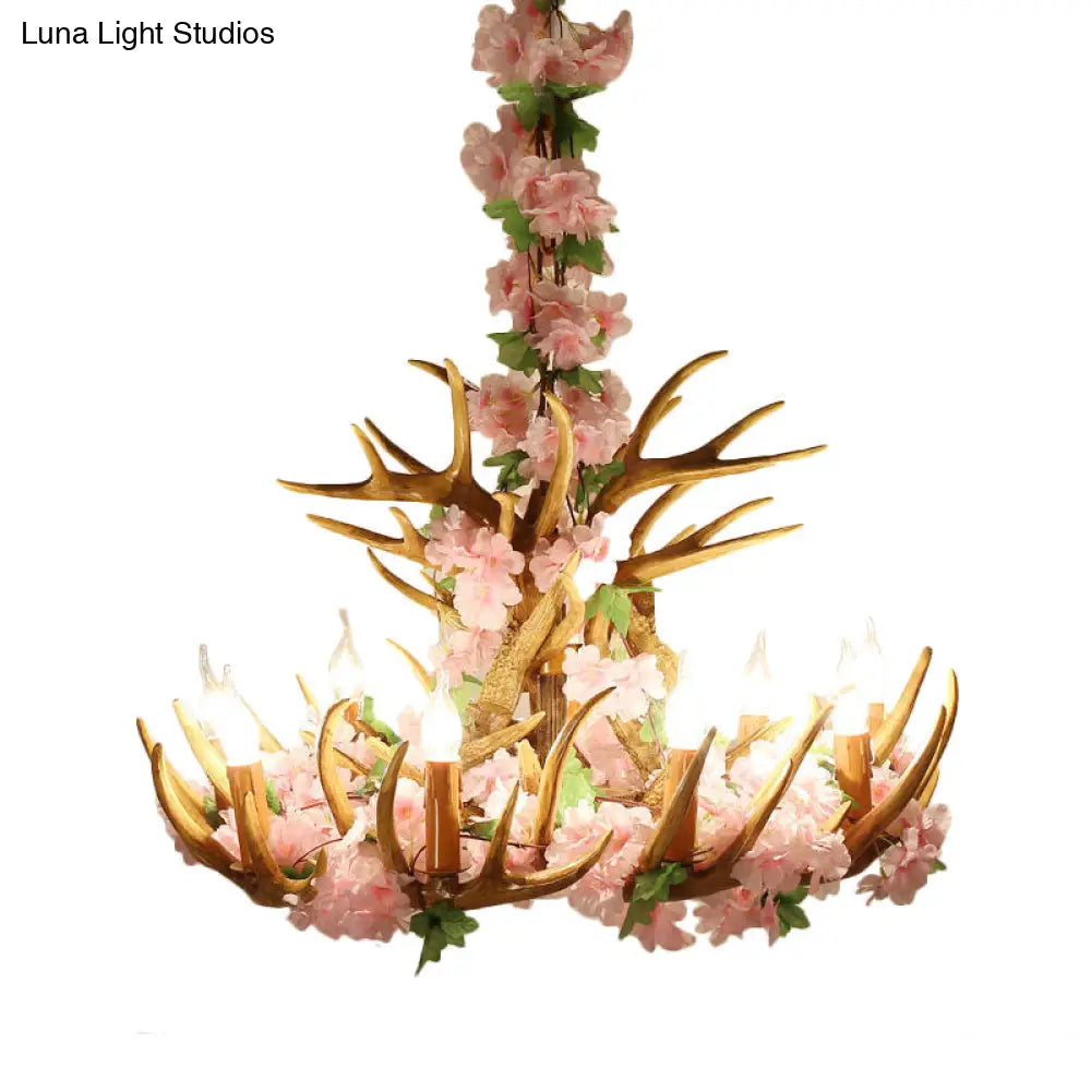 Rustic Resin Hanging Lamp - Candle Living Room Pendant Light With 4/6/12 Bulbs Pink/Green Chandelier
