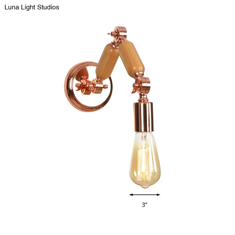Rustic Rose Gold Wooden Sconce With Industrial Metal And Bare Bulb - Living Room Wall Light