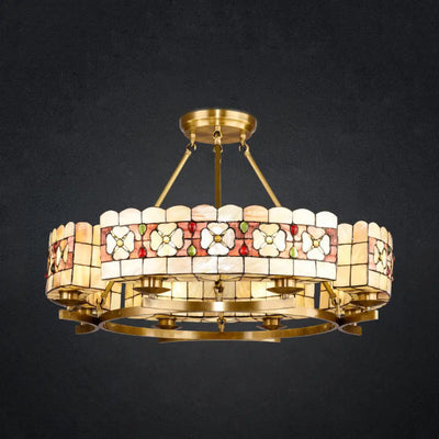 Lustre en vitrail vintage rustique - Pendentif fleur à 8 lumières en laiton