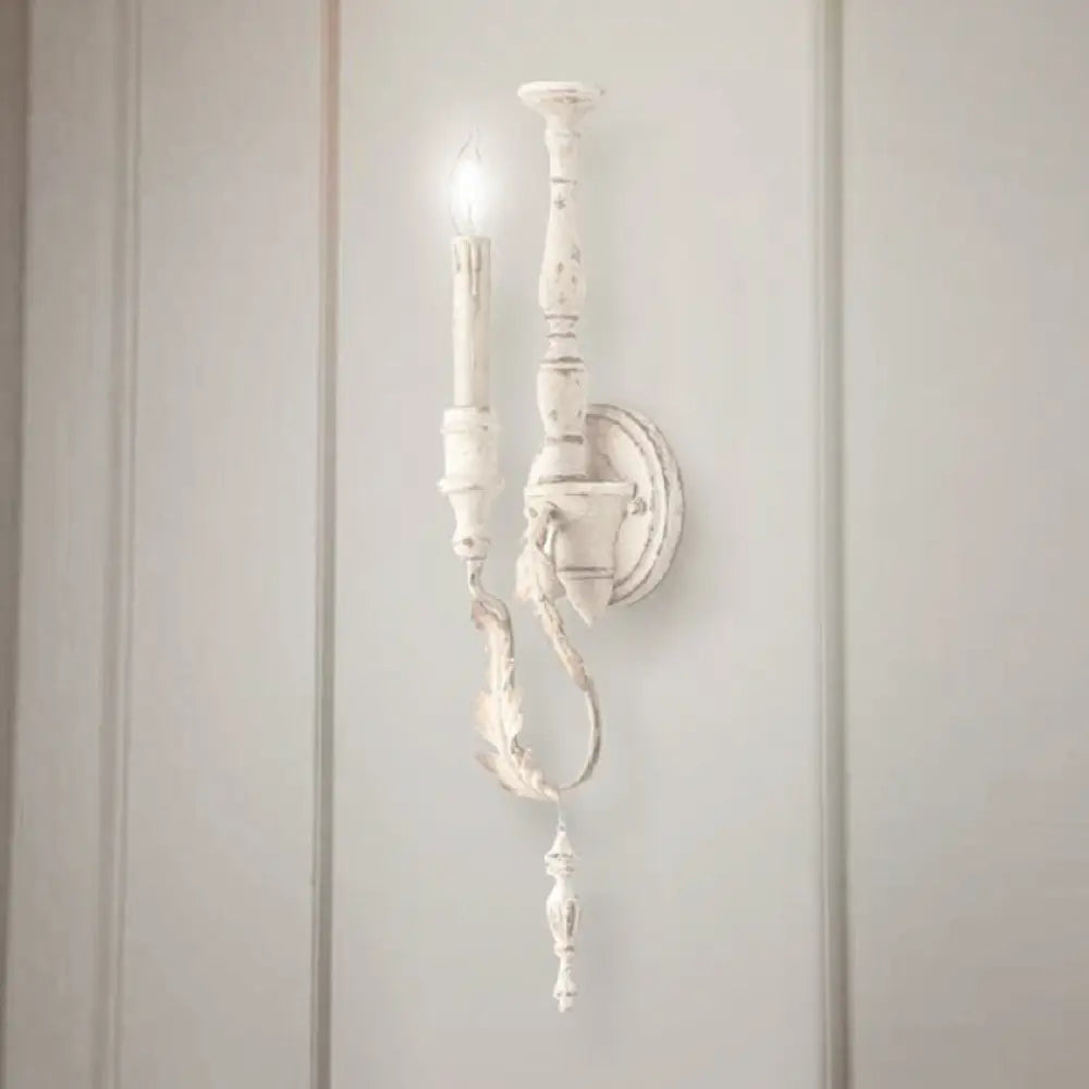 Rustic White/Brown 1-Light Candle Wall Fixture - Metallic Mounted Lamp White