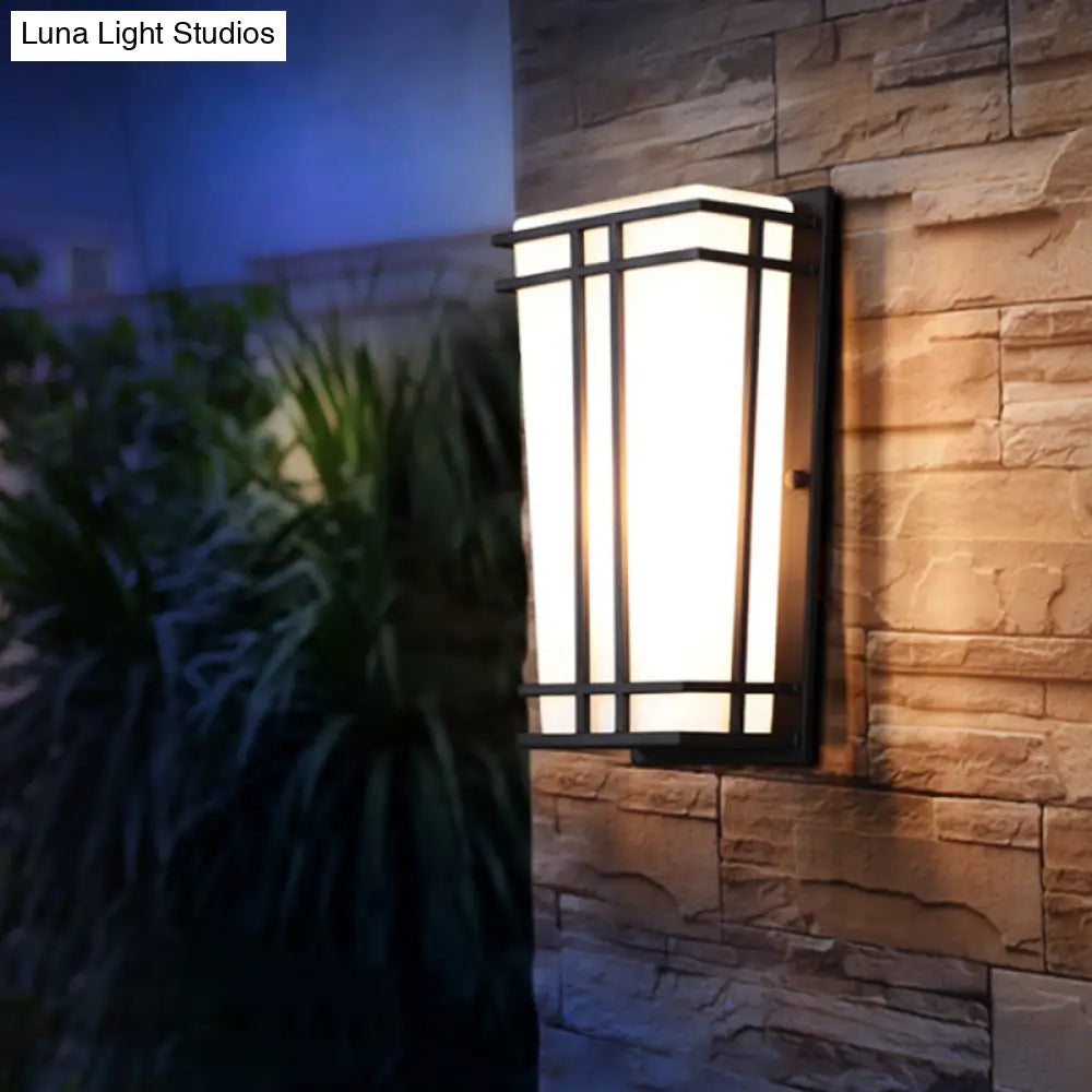 Rustic White Glass Trapezoid Wall Light: Flush Mount For Patio Textured Black Finish