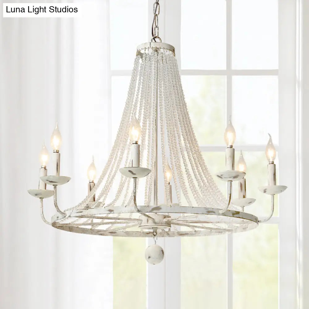 Rustic Wood Bead Chandelier With Clear Crystals - Vintage Wagon Wheel Pendant Light For Living Room