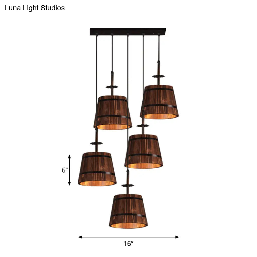 Rustic Wooden Bucket Pendant Light - Café Lodge 4-Light Country Style Brown