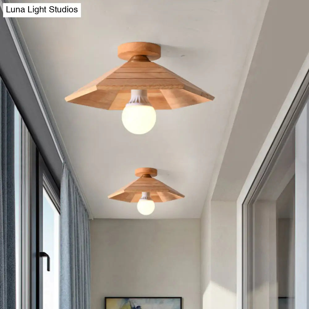 Rustic Wooden Flush Mount Ceiling Light: Ridged Saucer Design Beige Shade For Kitchen