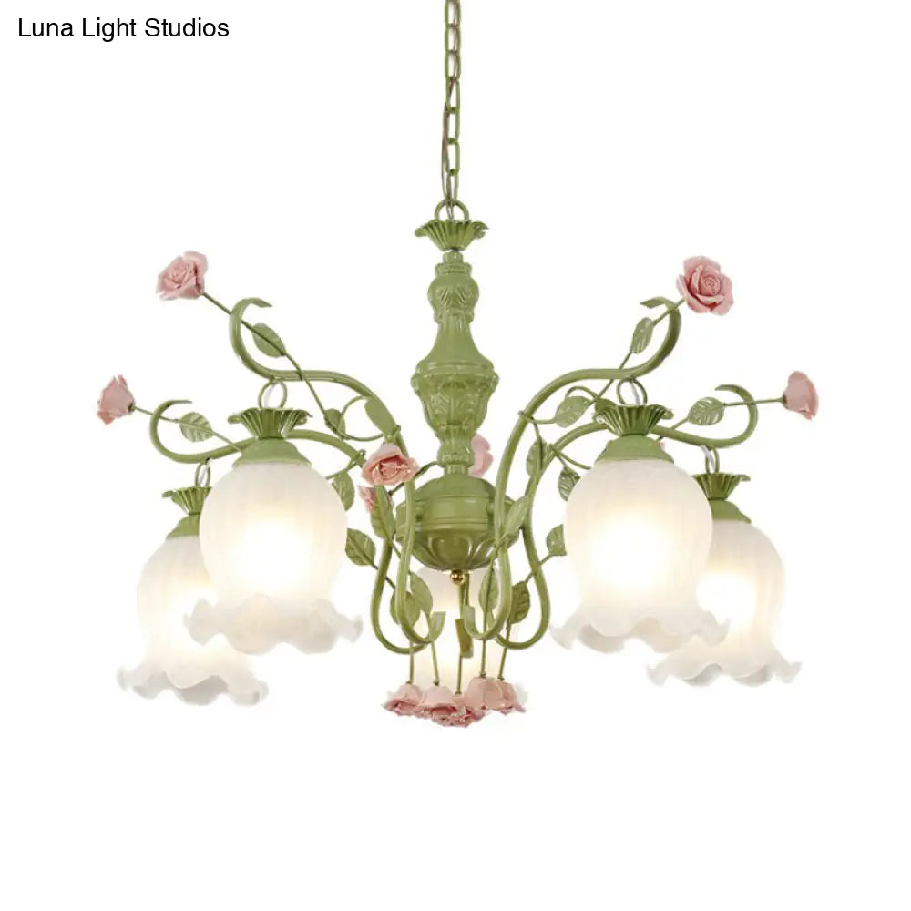 Sandblasted Glass Chandelier - 5 Bulbs Traditional White/Green Floral Design Bedroom Pendant