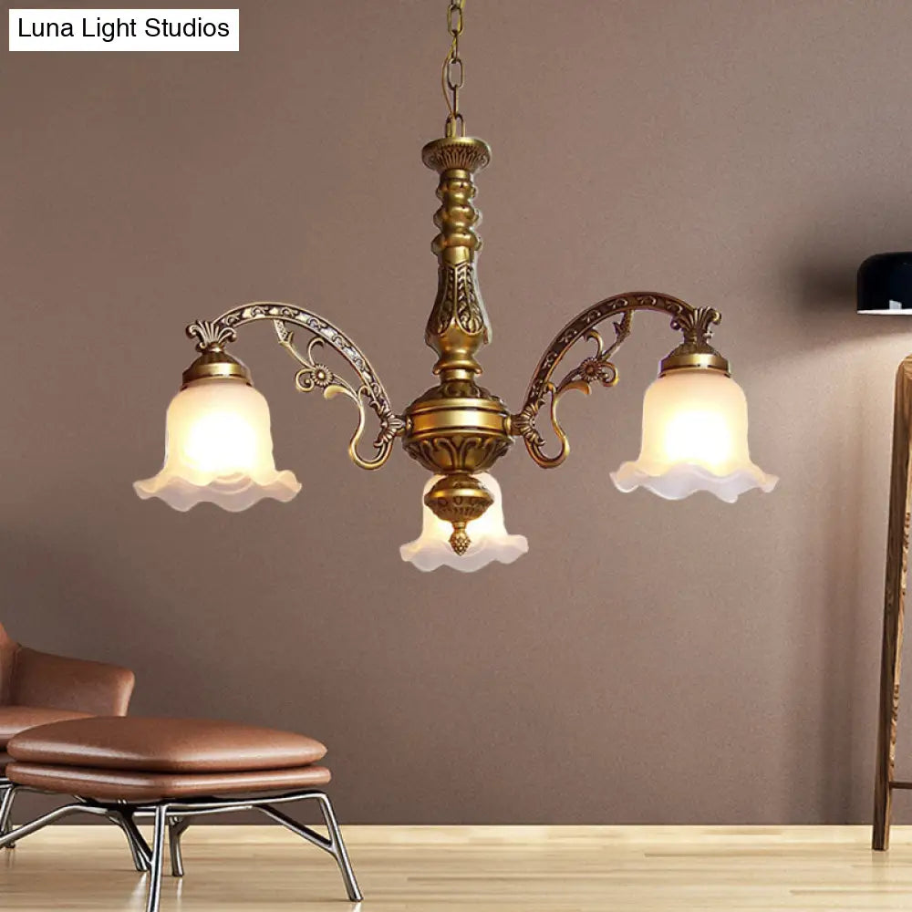 Scalloped Shade Brass Ceiling Chandelier With Frosted Textured Glass - Perfect For Dining Rooms 3/6