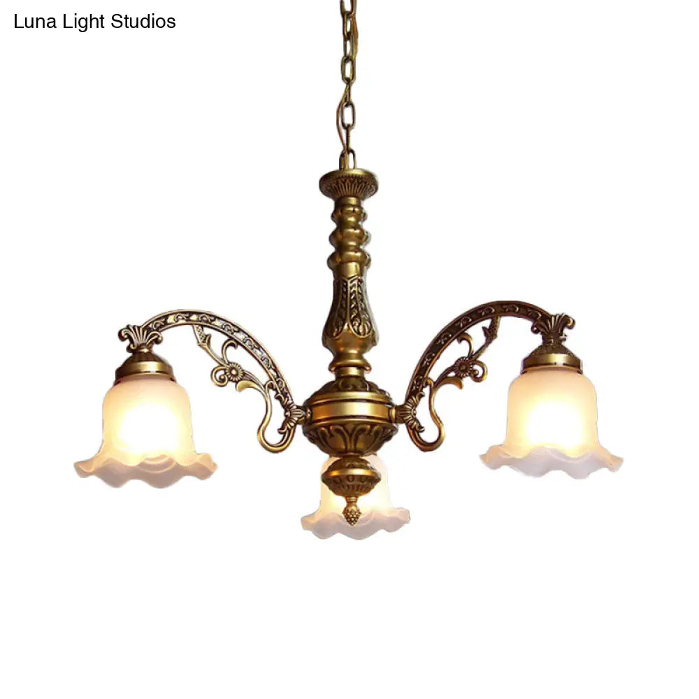 Scalloped Shade Brass Ceiling Chandelier With Frosted Textured Glass - Perfect For Dining Rooms 3/6
