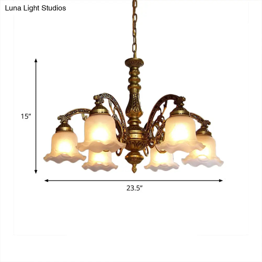 Scalloped Shade Brass Ceiling Chandelier With Frosted Textured Glass - Perfect For Dining Rooms 3/6