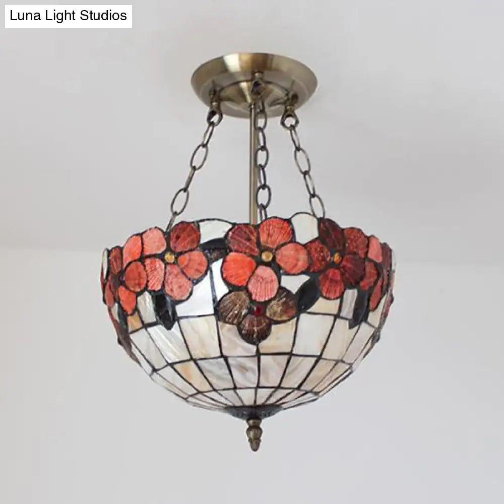 Scalloped Shade Semi Flush Stained Glass Ceiling Light Retro Style 12’/16’/20.5’ W
