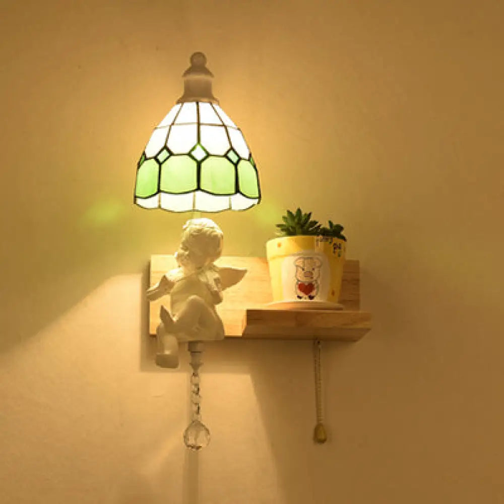 Scalloped Stained Glass Wall Sconce With Cupid Decoration - Tiffany 1-Light Fixture In Multicolor