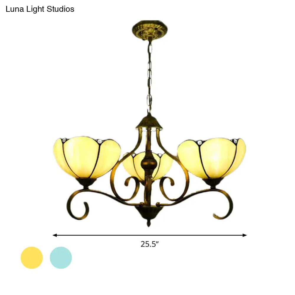 Scalloped Tiffany Chandelier: Yellow/Blue Stained Glass 3/6/8 Lights Hanging Fixture