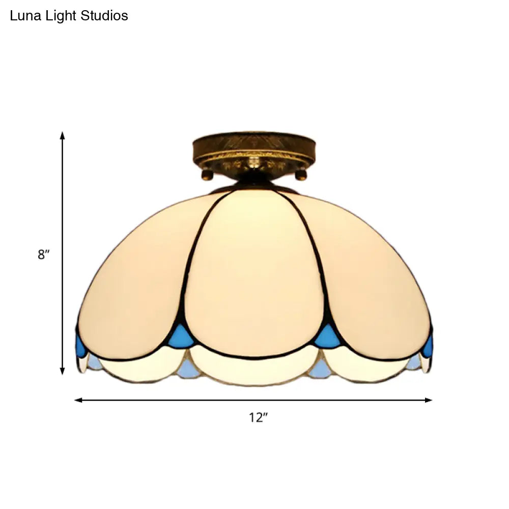 Scalloped Vintage Stained Glass Flush Mount Light - 1 In White/Beige/Blue Perfect For Living Room