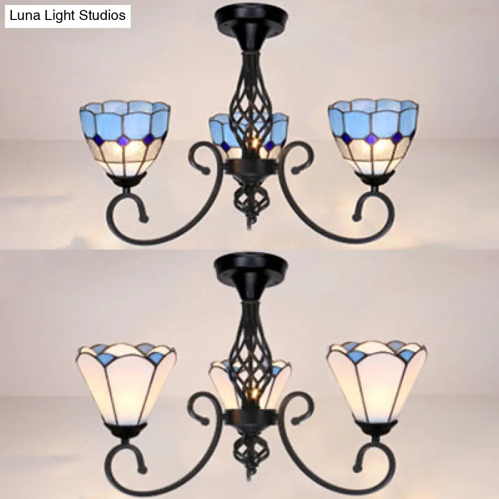 Semi Flush Tiffany Lighting With Curved Arm - Choose From 3 5 Or 6 Lights Stained Glass In White