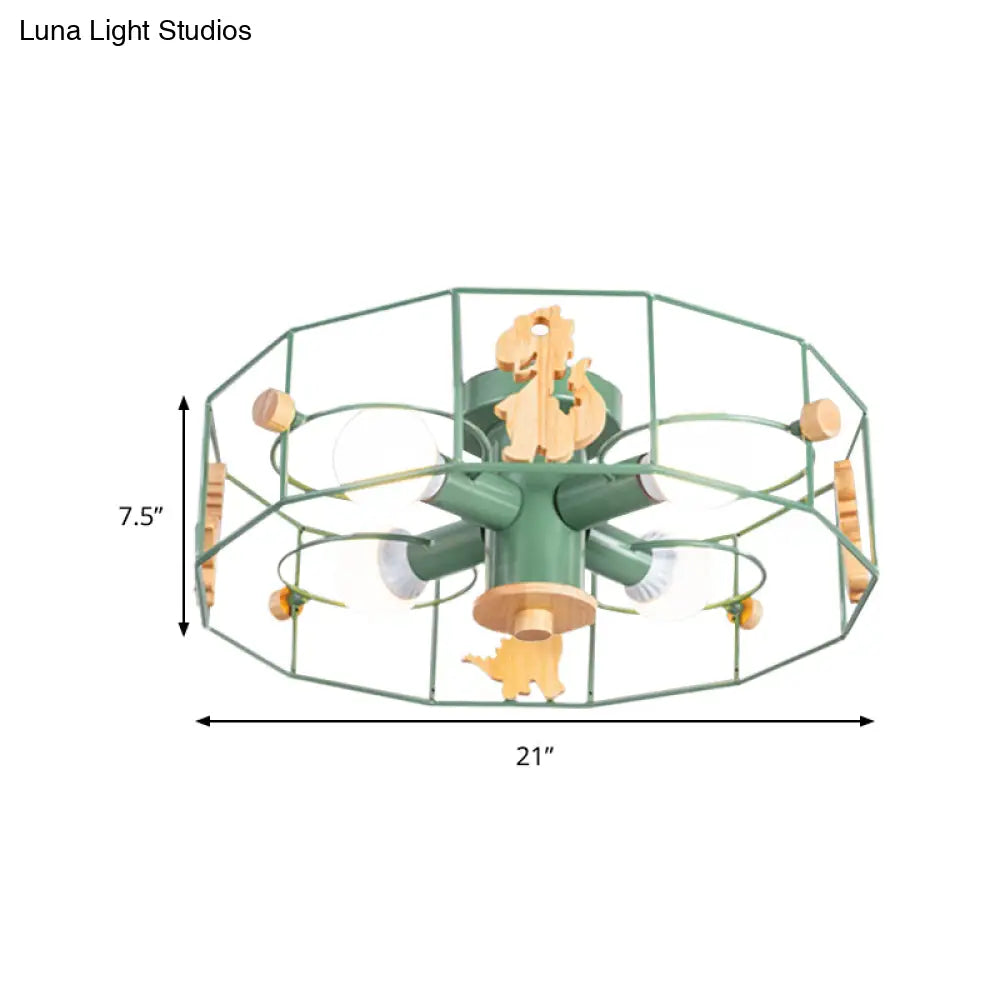 Semi Mount Metal Drum Cage Ceiling Lamp With Dinosaur Decoration - Green Finish 4 Lights