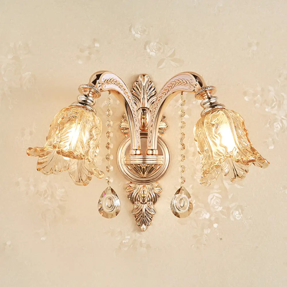 Simplicity Cream Glass Flower Wall Light With Gold Finish And Crystal Draping 2 / C