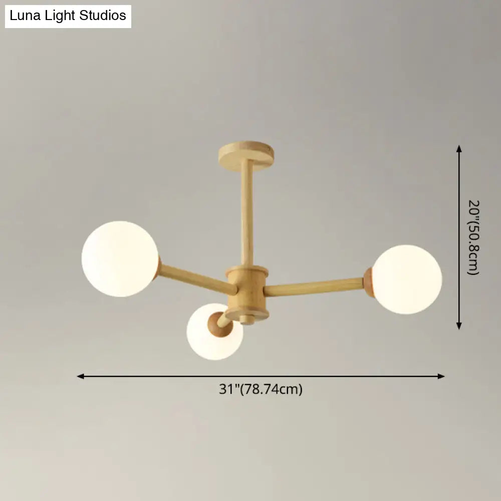 Simplicity Modern Beige Wood Hanging Light With White Frosted Glass Shade For Living Room & Bedroom