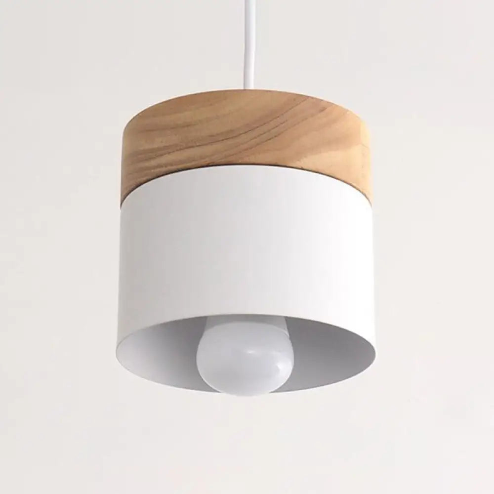 Sleek Metal Cylinder Pendant Lamp With Wood Top - 1-Bulb Down Lighting For Dining Room White