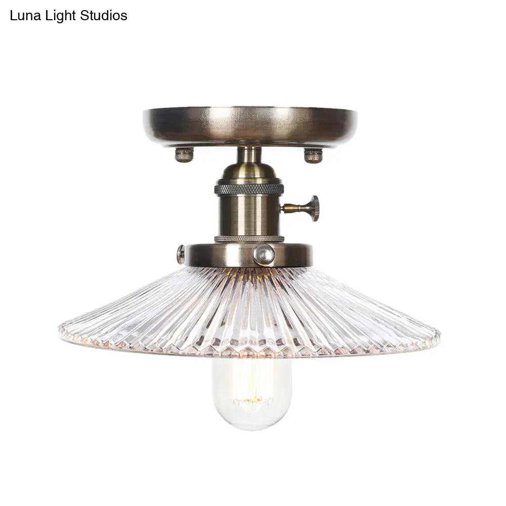 Sleek Metal Semi Flush Mount Industrial Light Fixture With 1 Bulb For Living Room In White/Clear
