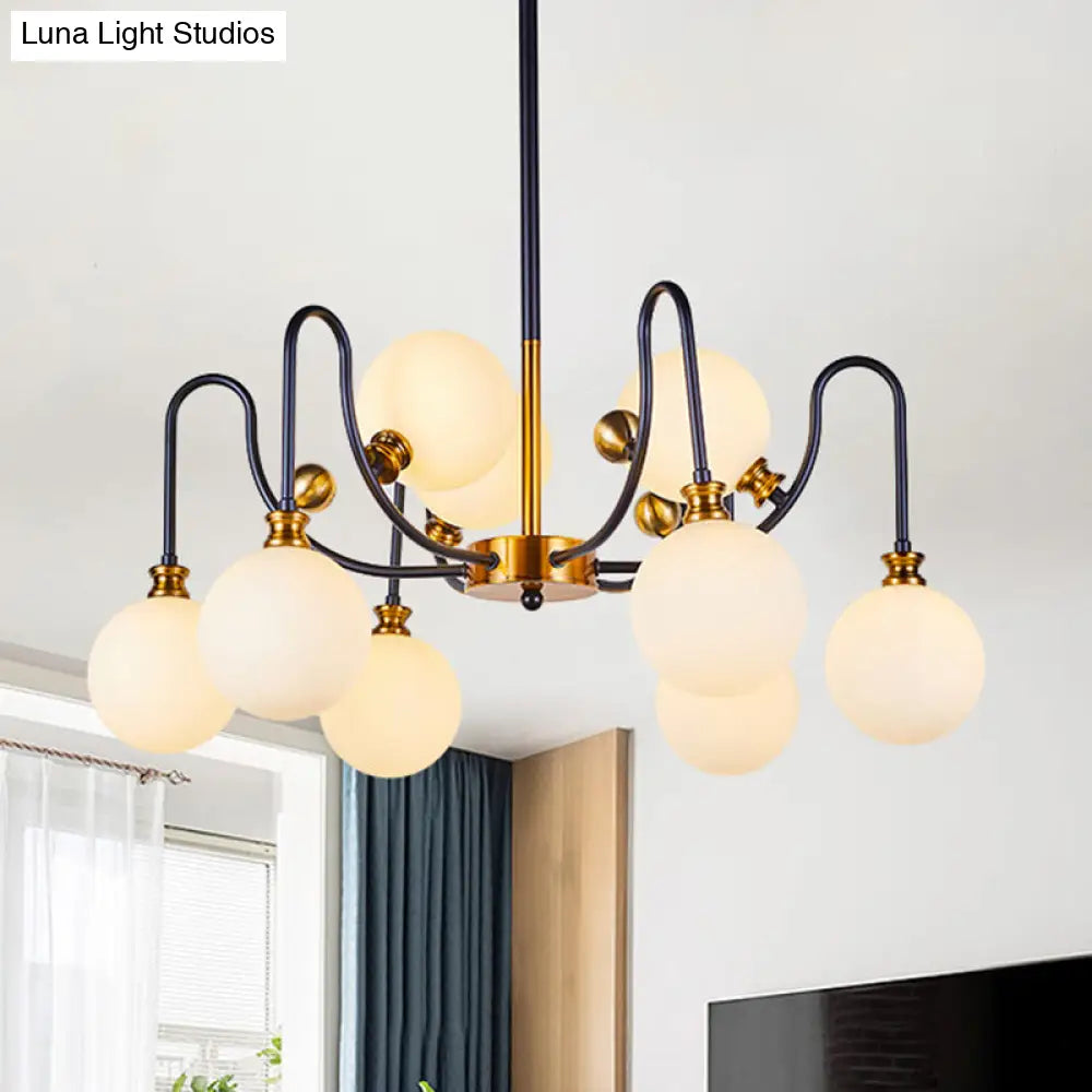 Sleek Opal Glass Pendant Chandelier - Modernist Spherical Down Lighting Black-Gold Finish 6/9 Bulb