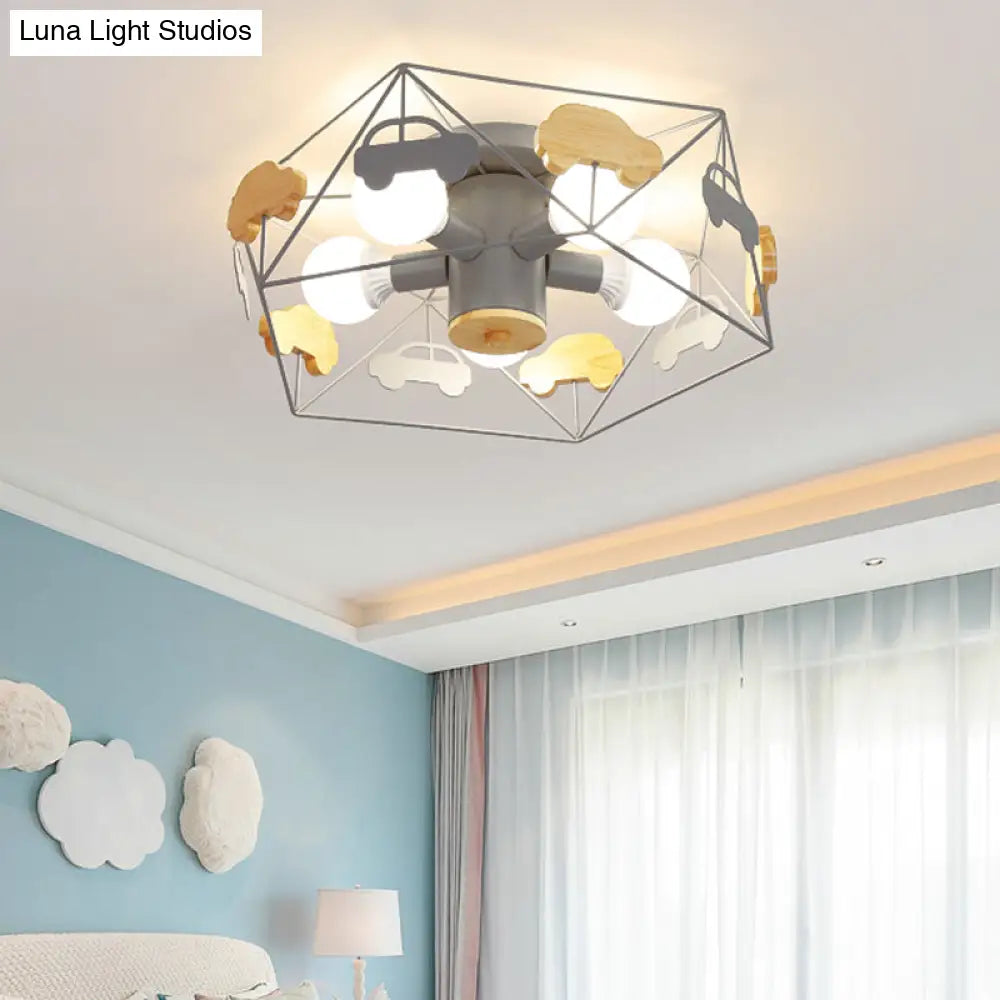 Sleek Pentagon Frame Semi-Mount Metal Lighting Macaron In Grey/Green/Pink Finish – 5 Bulbs