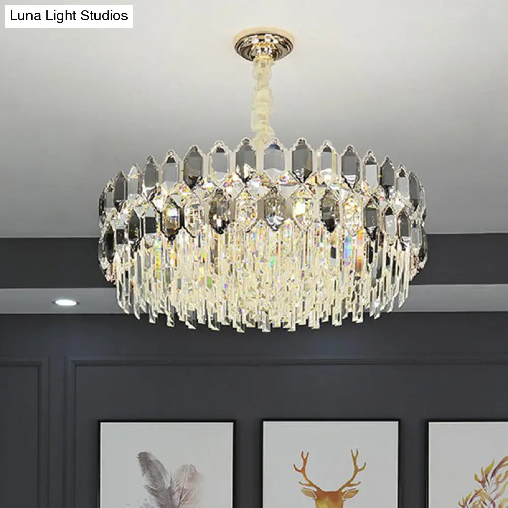 Smoke Grey Crystal Tiered Chandelier - Modern Luxe Hanging Light For Living Room