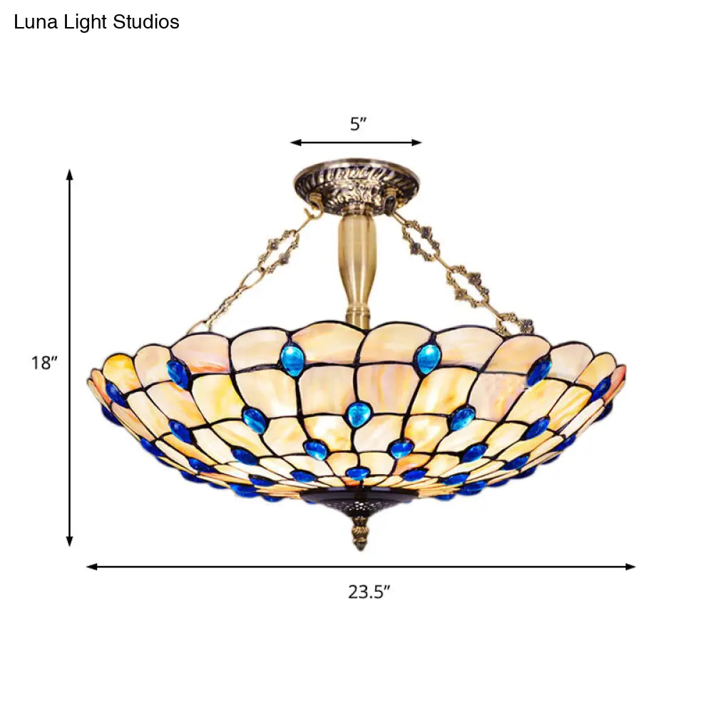 Stained Glass Semi Flush Ceiling Light With Jewel Decoration - Retro Style Yellow/Beige Various
