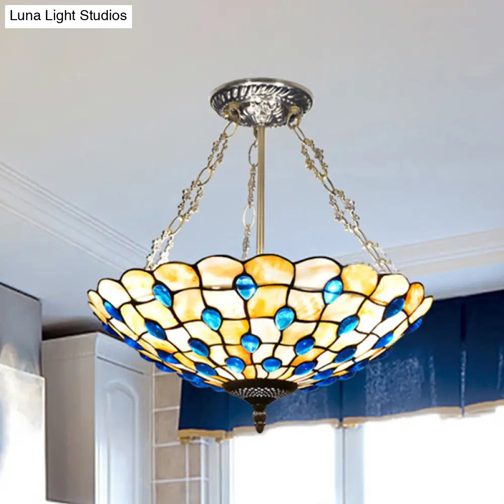 Stained Glass Semi Flush Ceiling Light With Jewel Decoration - Retro Style Yellow/Beige Various